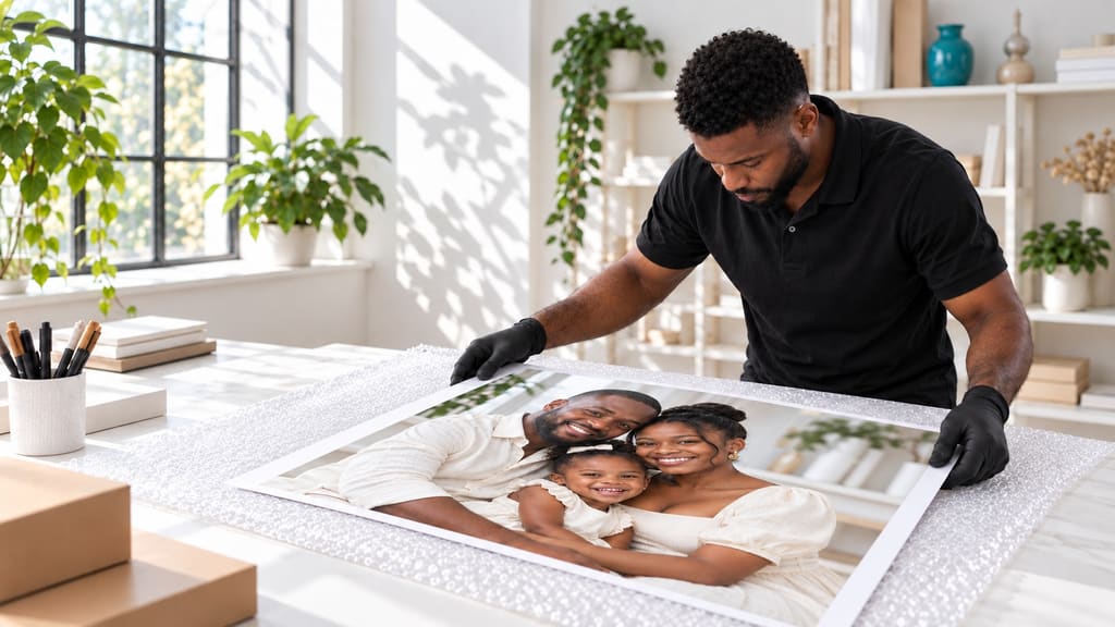 À l’atelier, un technicien ganté contrôle un tirage photo de famille avant l’encadrement.
