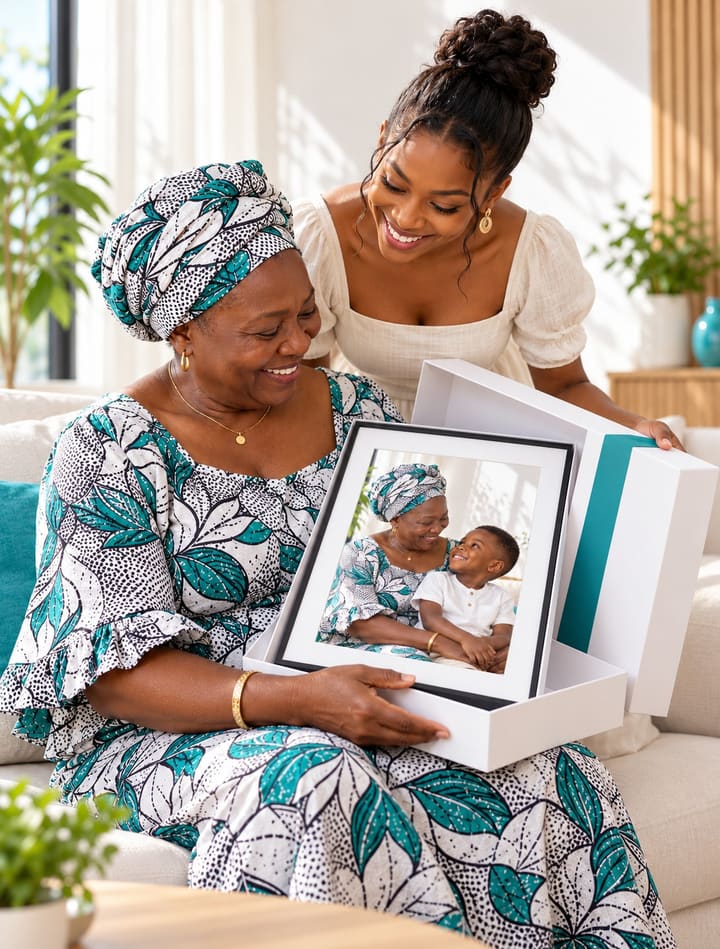 Une grand-mère découvre un tableau photo offert en cadeau, avec sa fille.