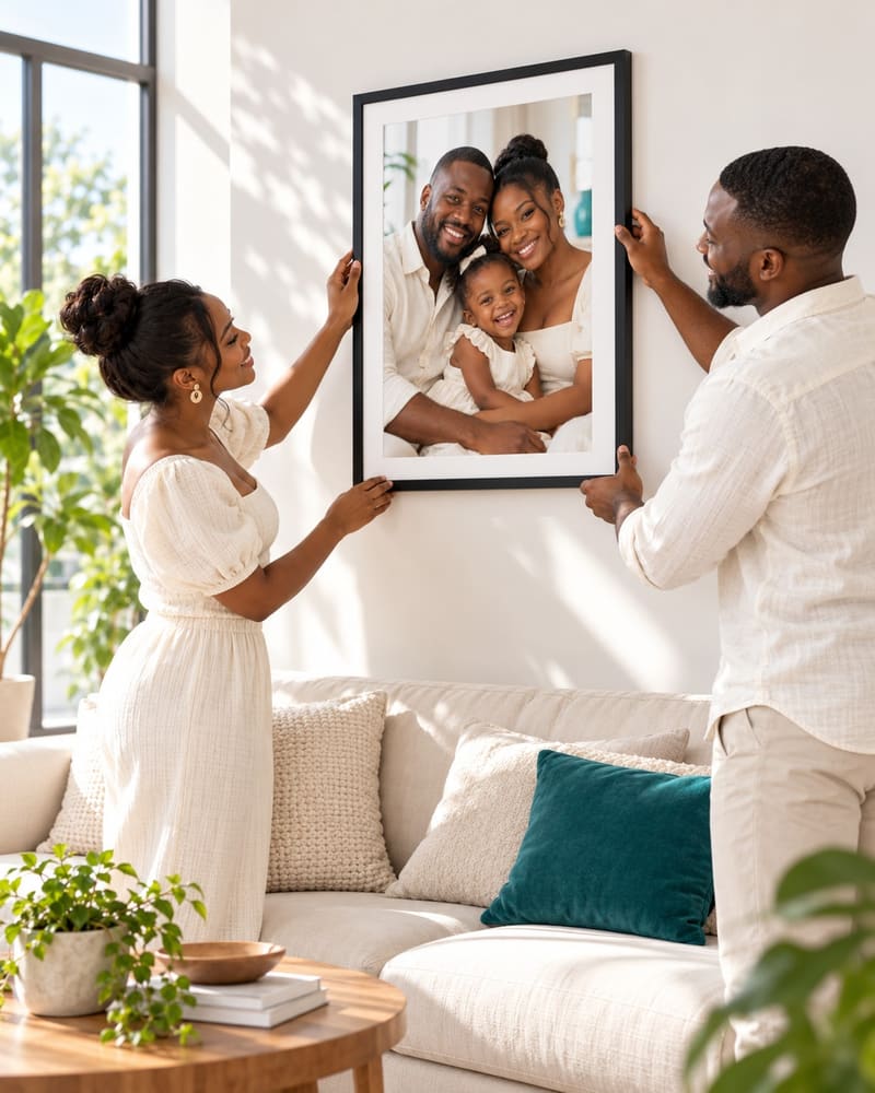 Un couple accroche au mur de son salon un tableau aluminium avec leur photo de famille.